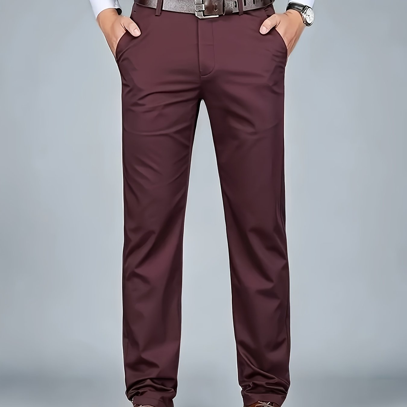 [Durable Build] Men's All-Season Casual Dress Pants - Business Style Stretch Trousers, Comfortable Classic Design, Light Brown Polyester Blend, Machine Washable, Smooth Finish, Regular Fit for Office or Leisure Wear