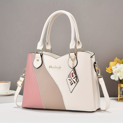 Wo 's Casual Geometric Two-Tone Large Capacity   Handbag with Adjustable   Strap, Detachable Wristlet & Zipper Closure - in Khaki/White/Pink/Red/Green/Black, Travel Accessory, Stylish Accessory, Durable Construction, Spacious