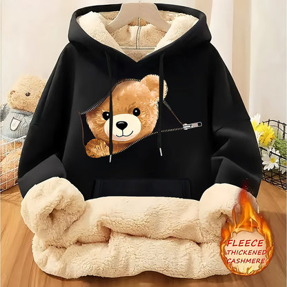 Women'S Plush Fleece-Lined Hooded Sweatshirt with Bear Print & Zipper Closure - Cozy Winter Warmth, / Color Block Design, Soft Fleece Fabric, Casual Pullover for Fall & Winter, Autumn Winter Apparel | Hooded Sweatshirt | Zipp