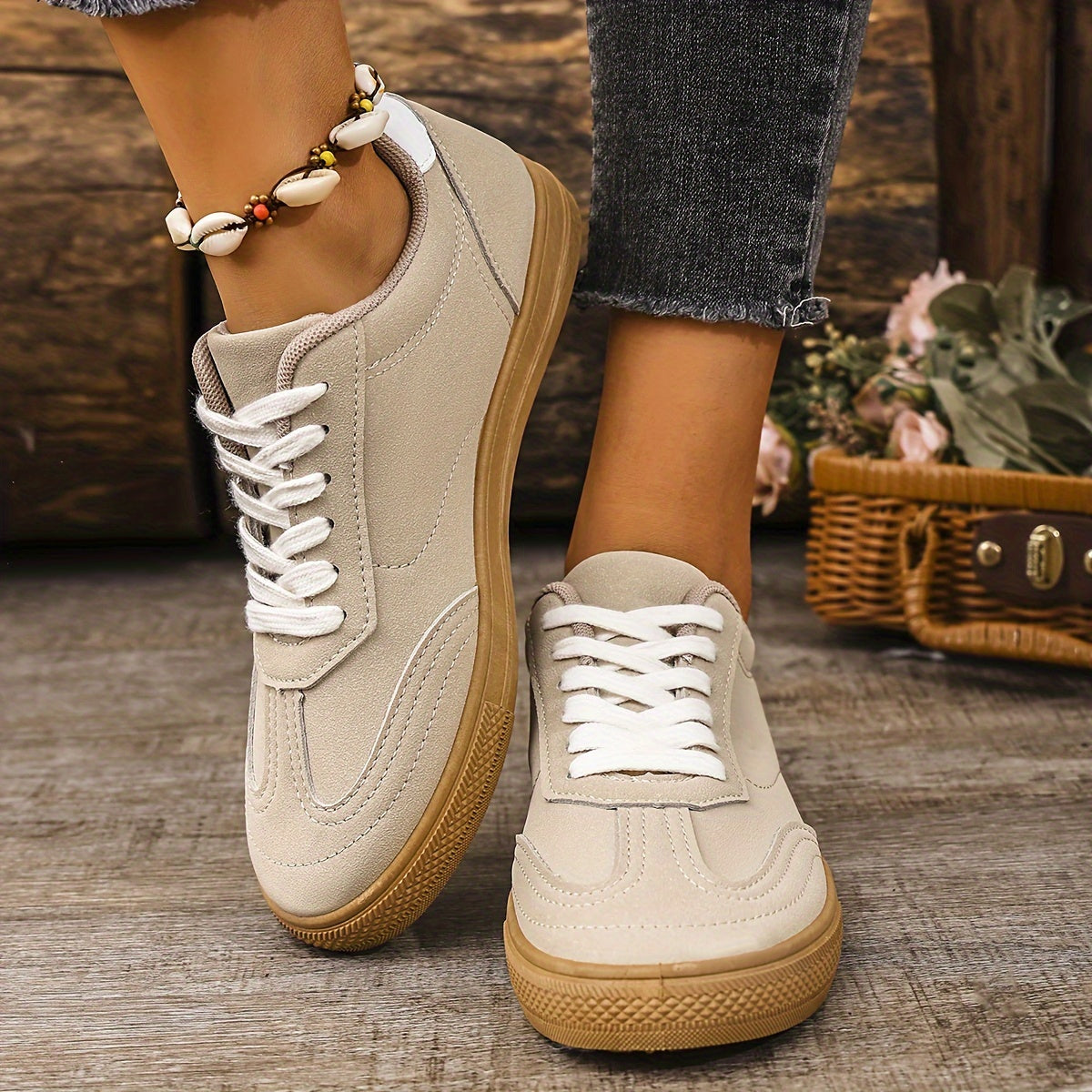 Women's Lightweight Casual Sneakers - All-Season, Lace-Up, Faux Cover Walking Shoes in Trendy Khaki