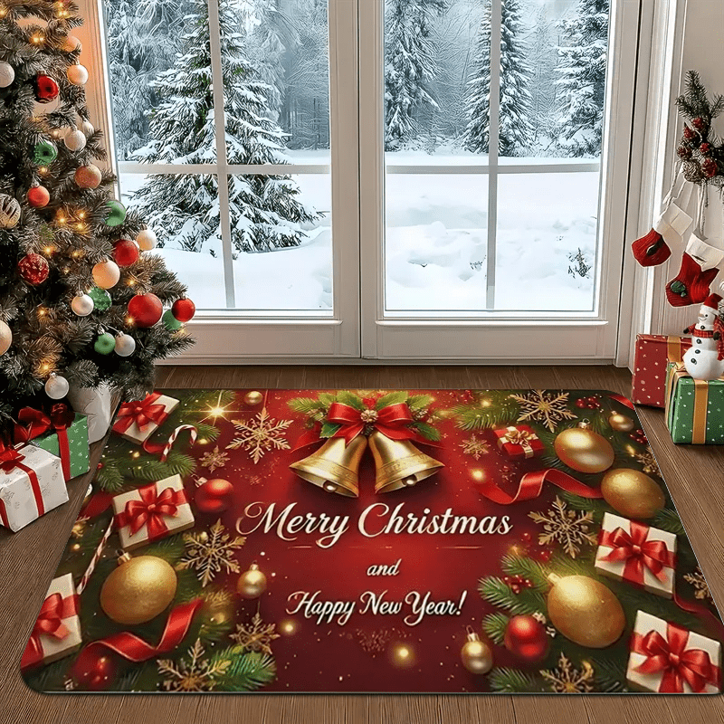 1pc Christmas & New Year Welcome Mat with Merry Christmas & Happy New Year Greeting, Red/Golden/Green Holiday Design, Non-Slip Backing, Heavy-Duty 600g/m² Polyester, Machine Washable Indoor/Outdoor Door Mat with Pine Branche
