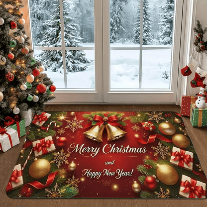 1pc Christmas & New Year Welcome Mat with Merry Christmas & Happy New Year Greeting, Red/Golden/Green Holiday Design, Non-Slip Backing, Heavy-Duty 600g/m² Polyester, Machine Washable Indoor/Outdoor Door Mat with Pine Branche