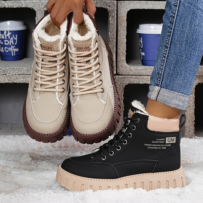 Women'S Winter Warm High-Top Ankle Boots - Thick Platform Sole, Round Toe, Lace-Up Closure, Synthetic Cover Upper, Rubber Sole, Mid-Heel, Casual Style, All-Season