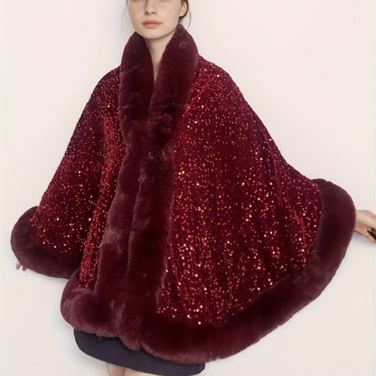 Մեծ չափսի կանացի էլեգանտ շալ-թիկնոց-պոնչո - շքեղ շագանակագույն թիկնոց՝ փայլուն հմայքով, խիտ ձմեռային վերարկու երեկույթների, պաշտոնական միջոցառումների համար՝ չձգվող գործվածք, հեշտ խնամվող էլեգանտ փաթաթան ամենօրյա հատուկ առիթների համար, երեկույթի հագուստ, C