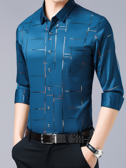 Elegant Men's Maroon Striped Long Sleeve Dress Shirt - Sophisticated Black & Golden Print, Breathable Polyester, Casual Comfort Fit with Classic Collar and Button-Up Front for Casual Attire