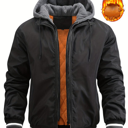 Men'S Winter Jacket with Detachable Hood - Warm Fleece-Lined Zip-Up Coat, & Orange Contrast Design, Polyester Lining, Regular Fit for Cold Weather, Casual Outerwear, Durable Zipper Closure