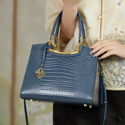 Black Crocodile Pattern Leather Handbag for Women, Large Capacity