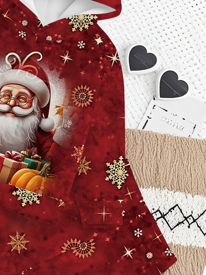 2pcs Girls' Santa Claus Face & 3D Print Hooded Sweatshirt & Pants Set - Red & Golden Christmas Outfit with Santa Hat & Reindeer Design, Casual Winter Clothes for Toddlers & Kids, Perfect Gift for Little Boys & Girls (Machine