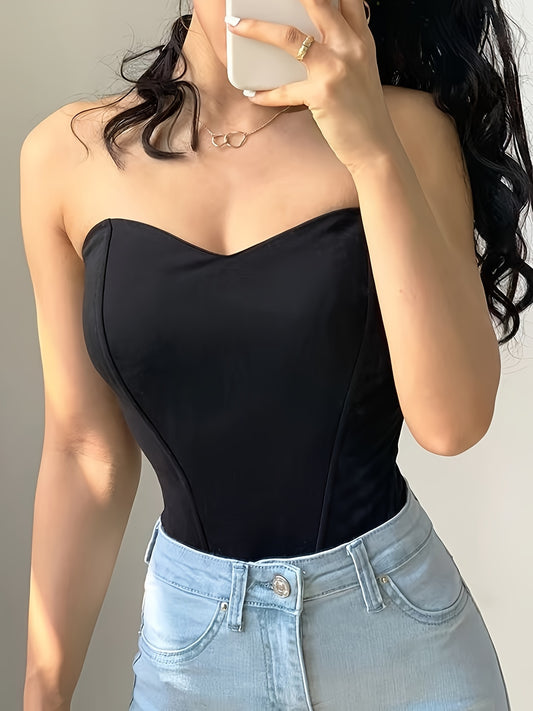 Elegant Off-Shoulder Corset Tank Top - Slim Fit, Fishbone Support, Solid Black, Stretchy Polyester Blend, Machine Washable, Women’s Fashion Essential