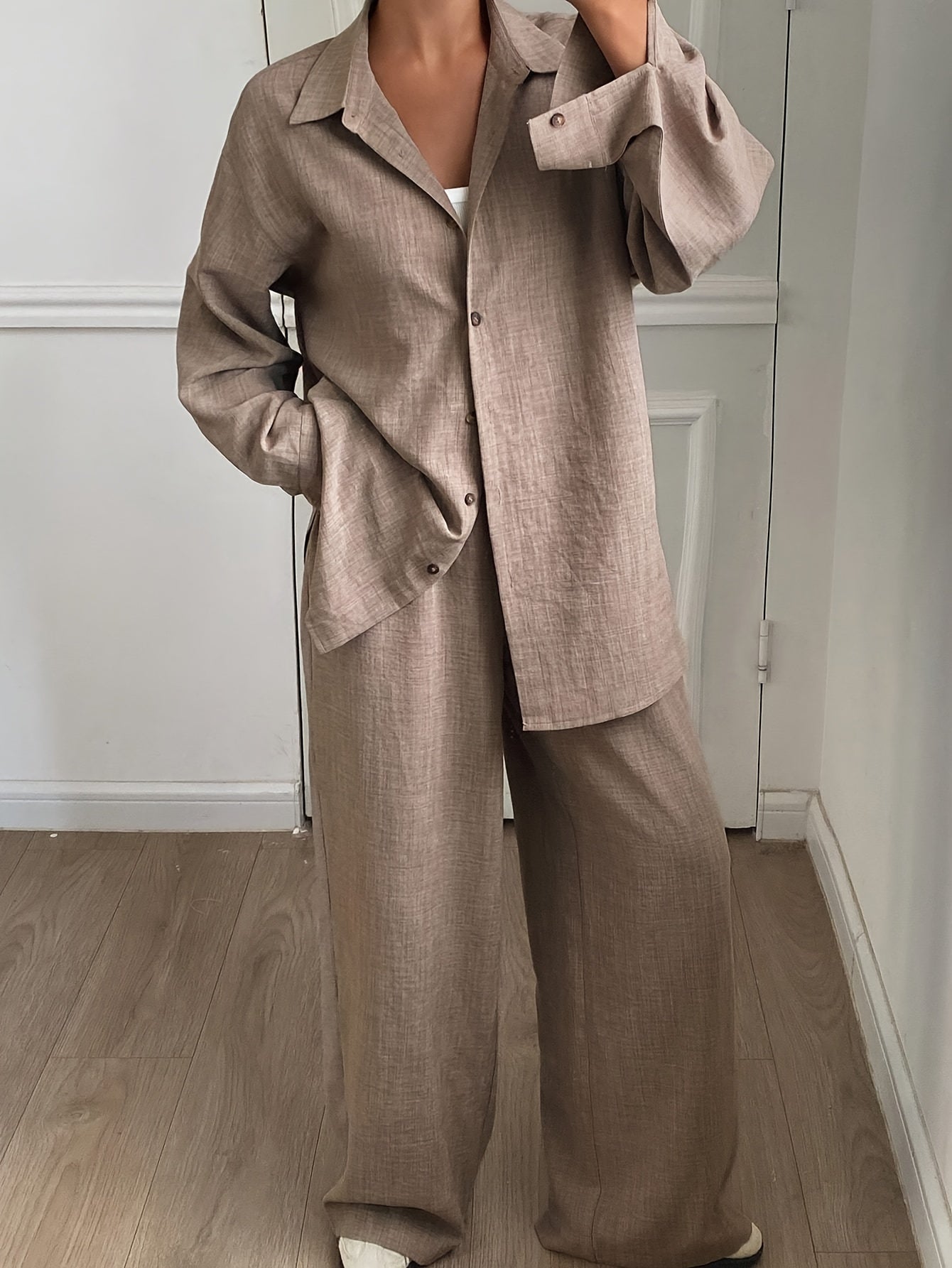 Elegant Women's Loose Two-Piece Set with Solid Polyester Pants
