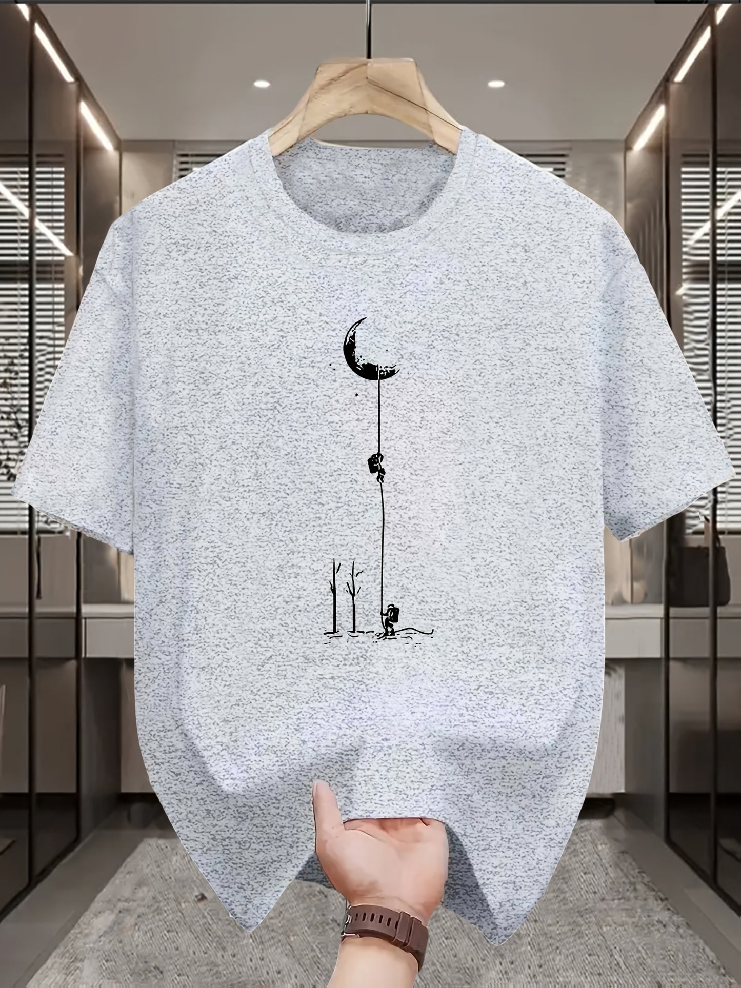 Men's Casual Graphic T-Shirt - Soft Polyester Blend, Crew Neck, Short Sleeve, Summer Style with Unique Moon and Figures Print, Lightweight and Comfortable for Casual Attire, Everyday Tshirt   Artistic Design Shirt   Lightweig