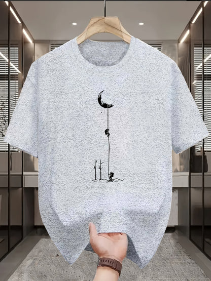 Men's Casual Graphic T-Shirt - Soft Polyester Blend, Crew Neck, Short Sleeve, Summer Style with Unique Moon and Figures Print, Lightweight and Comfortable for Casual Attire, Everyday Tshirt   Artistic Design Shirt   Lightweig