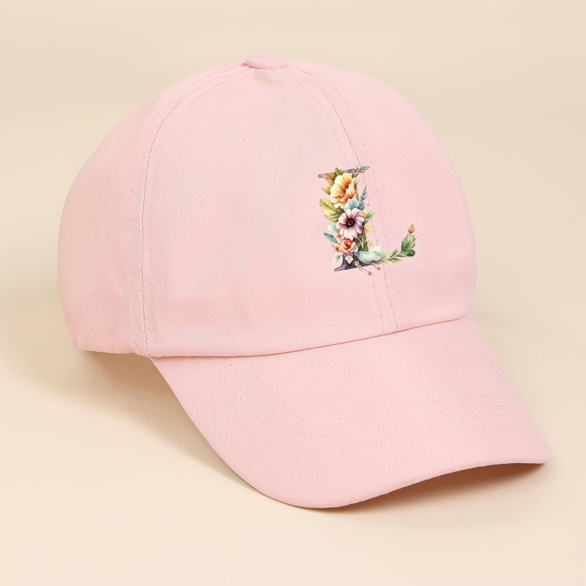 Adjustable Pink Baseball Cap for Kids with Floral Alphabet Design
