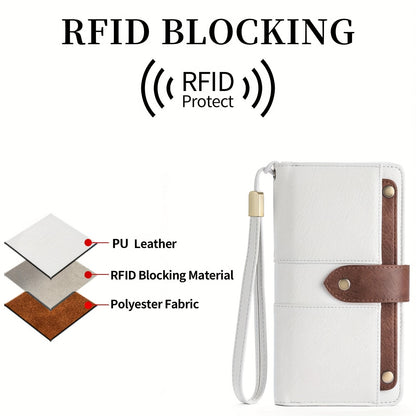 Women's Large Capacity Wallet Handbag with Wrist Strap - Elegant White & Golden-Tone Long Wallet, Golden-Tone Hardware, Multi-Compartment Organizer with Cash Pocket & Card Holder for Everyday Use, School, Work, Travel - Styli