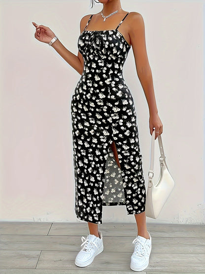 Floral Print Slit Hem Cami Dress, Stylish Backless Sleeveless Midi Cami Dress For Spring & Summer, Women's Clothing