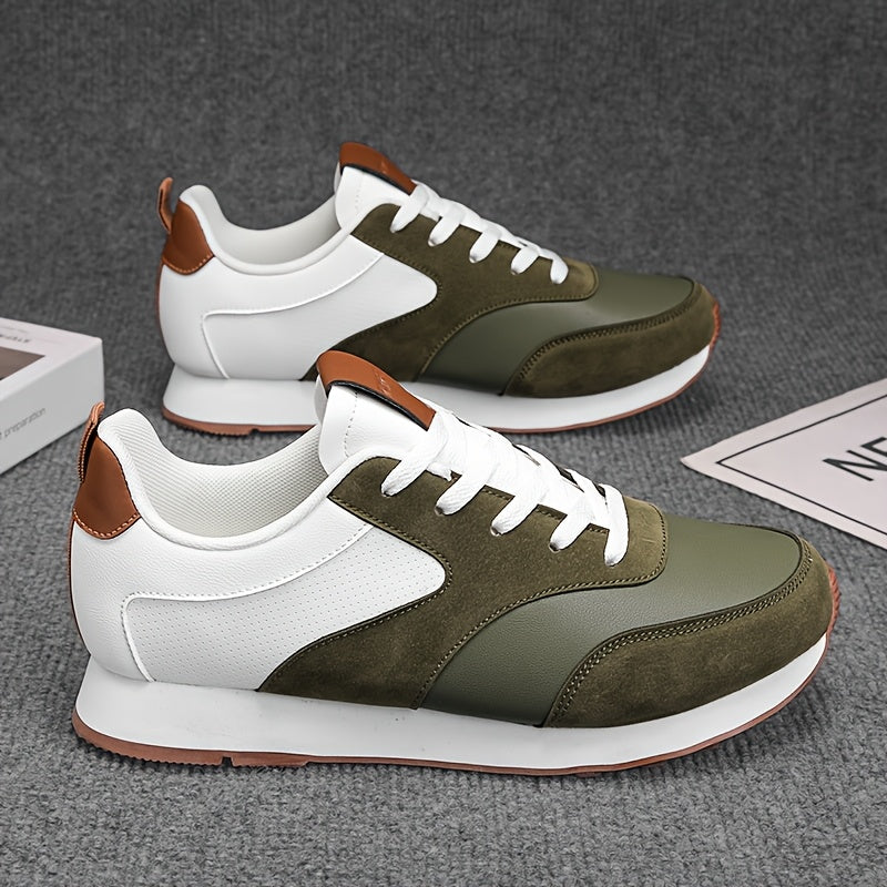 Men'S Casual Sneakers - Flat Lace-Up Shoes with Thick Sole for Height Increase - Breathable All-Season Running Shoes, Olive Green & White, Perfect for Outdoor Activities, Hiking, and Daily Wear, Hiking Footwear | Stylish Lace - ayq