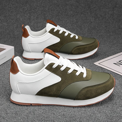 Men'S Casual Sneakers - Flat Lace-Up Shoes with Thick Sole for Height Increase - Breathable All-Season Running Shoes, Olive Green & White, Perfect for Outdoor Activities, Hiking, and Daily Wear, Hiking Footwear | Stylish Lace - ayq