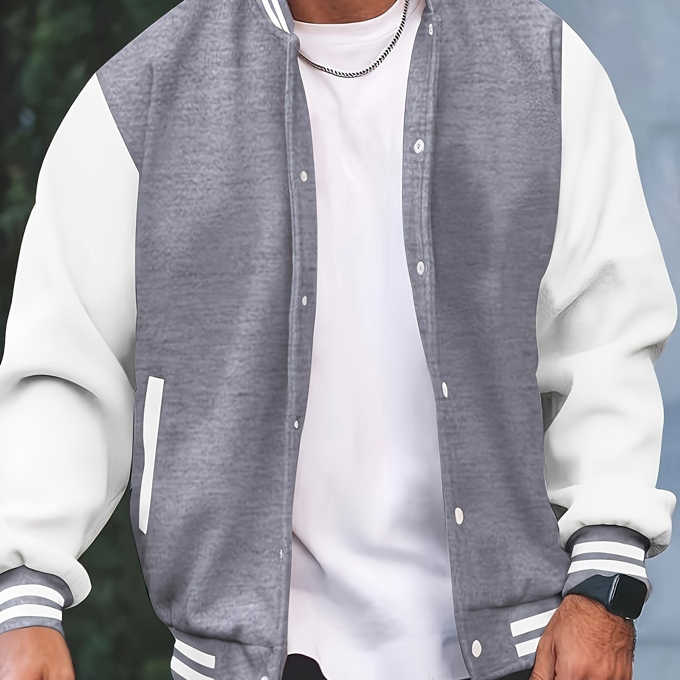 [Bold Design] Men's Stylish Black & White Varsity Jacket - Casual Baseball Coat with Pockets, Button-Up Front, Long Sleeve, Polyester Blend, Perfect for Fall & Winter, Casual Sportswear | Casual Fashion Jacket | Cotton Comfor