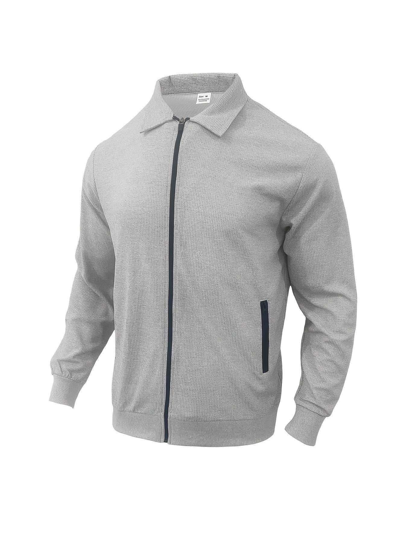 Men'S Lightweight Waffle-Knit Zip-Up Jacket - Casual Long Sleeve with Pockets, Loose Fit for Spring & Fall, Gray, Perfect for Outdoor Activities, Running, and Evening Outings, Spring Fall Clothing | Waffle Texture | Durable C