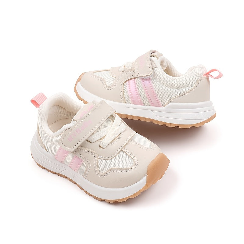 [1pc Unisex Toddler Sports Sneakers] Toddler Sports Sneakers, Unisex Preppy Casual Running Shoes, Striped Low Top Fabric & PU Upper, Breathable Mesh, Soft TPR Sole, with Adjustable Strap Closure, for Spring/Summer, All-Season