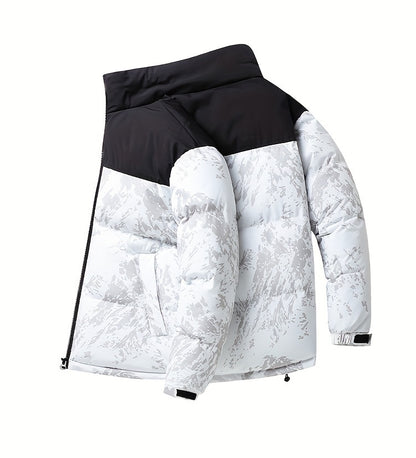 Men's Winter Jacket Windproof Coat with Stand Collar & Camo Marbled Pattern (Black/White/Grey) - Thickened Padded, Full-Zip Closure, for Skiing,, Outdoor Activities - Cold Weather Survival