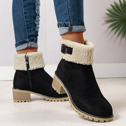 Chunky And Clssic Women'S Ankle Boots, Comfortable And Elegent Woemen Shoes. Warmth Khaki、Black And Beige Winter Women' Boots. Solid-Colored. Fleece-Lined Boots, Heighten And Non-Slip Lighhtweight Shoes with Cute Round Toe.