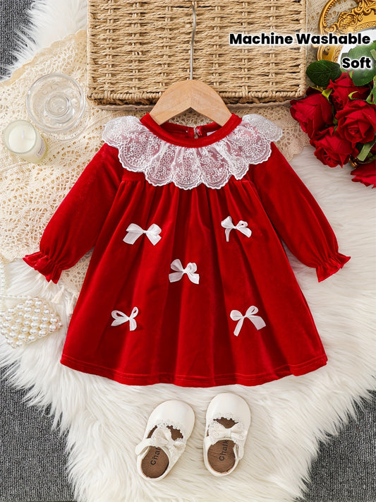 1 հատ կարմիր ժանյակավոր զգեստ՝ ծալքավոր օձիքով և ժապավենով մեջքով, երկար թևքերով ձմեռային երեկույթի զգեստ՝ Սուրբ Ծննդյան, Նոր տարվա, հարսանիքների համար, մեղմ, տաք հագուստ (կարճ բացվածքով, լվացքի մեքենայով լվացվող հագուստ)