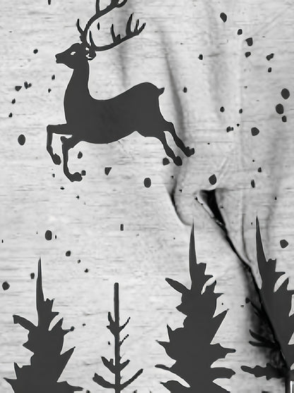 Men'S Plus Size Long Sleeve Henley Shirt with Forest & Deer Application, 100% Polyester Knit Fabric, Regular Fit Sporty & Party Top with Collared Neck and Slight Stretch - Printed Design