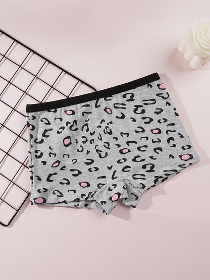 Girls' 5-Pack Cotton Boxers with Leopard & Heart Patterns