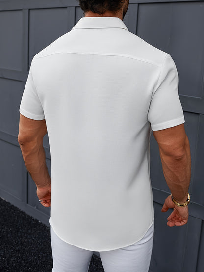 Men's Casual Button- Shirt - Short Sleeve, White, Polyester, Classic Collar with Chest Pocket, Machine Washable, Perfect for Summer Outings, Parties, and Casual Attire, Everyday Buttonup | Versatile Casualwear | Nonstretch Ma