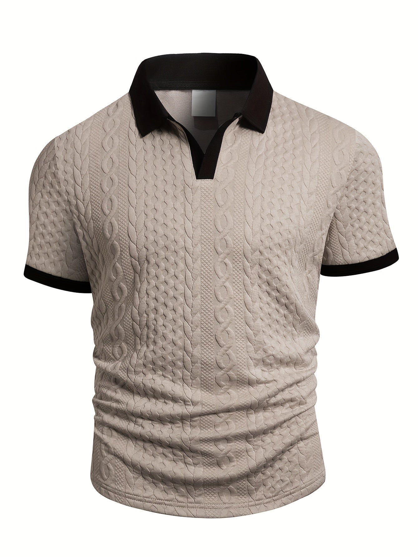 Summer Breathable Italian-style Color-blocked Light-mature Trendy Men's Shirt with V-neck, Slight Stretch, Jacquard Texture, Slim-fit Short Sleeves, Knitted - ayq