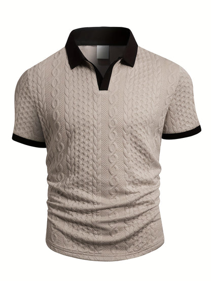 Summer Breathable Italian-style Color-blocked Light-mature Trendy Men's Shirt with V-neck, Slight Stretch, Jacquard Texture, Slim-fit Short Sleeves, Knitted - ayq