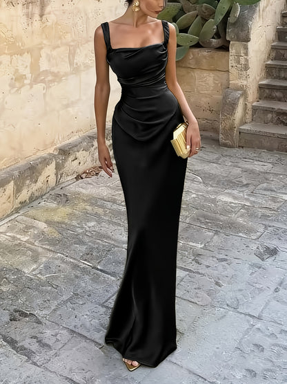 Women's Elegant Satin Bodycon Dress with Ruched Waist and Asymmetrical