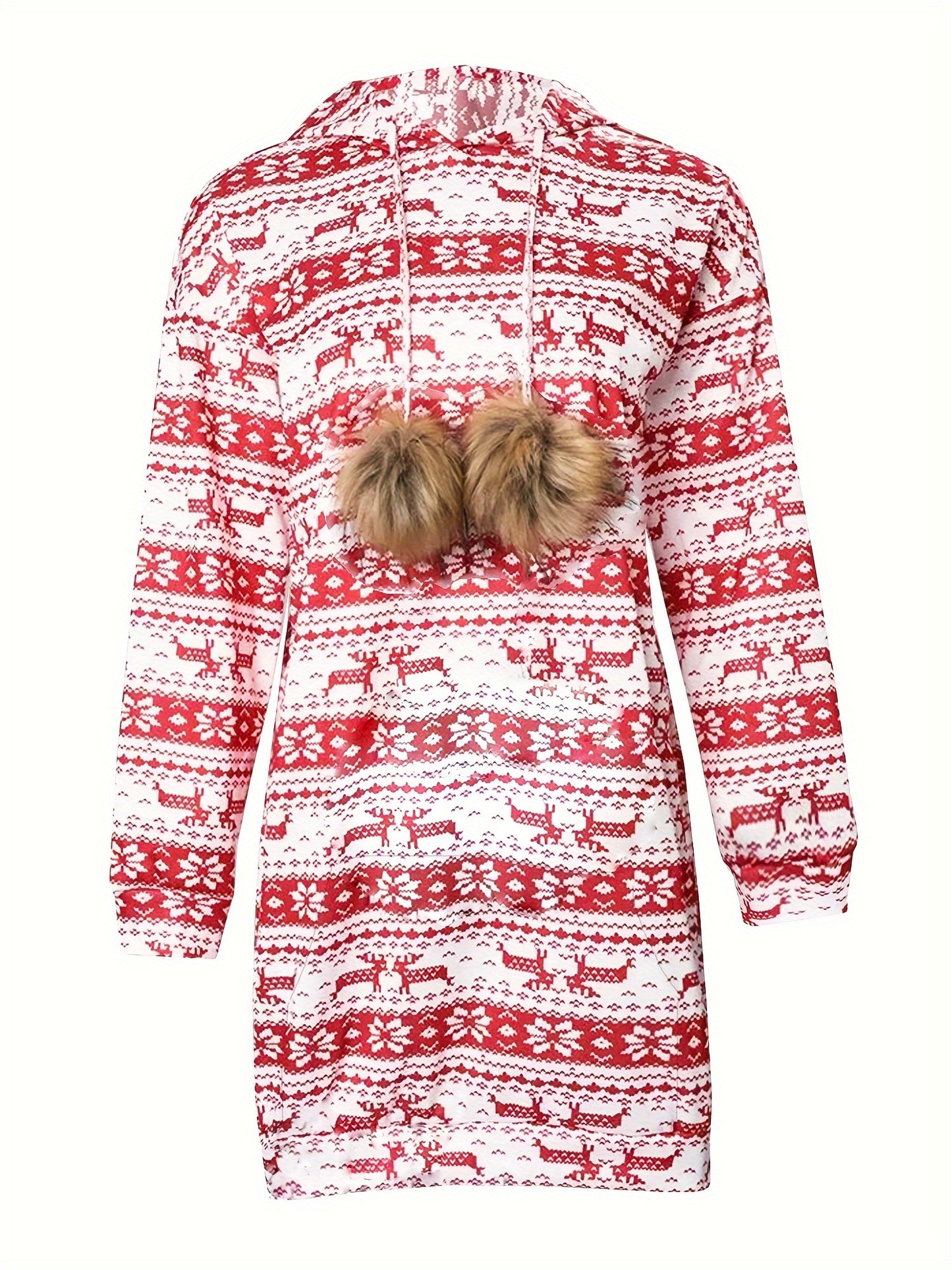 Women'S Christmas Deer & Snowflake Print Hooded Sweater Dress - Long Sleeve Winter Warmth, Red & Holiday Party Outfit with Pompom Sleeves
