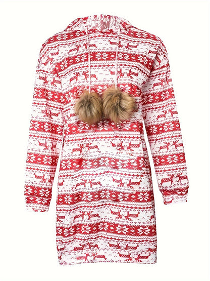 Women'S Christmas Deer & Snowflake Print Hooded Sweater Dress - Long Sleeve Winter Warmth, Red & Holiday Party Outfit with Pompom Sleeves