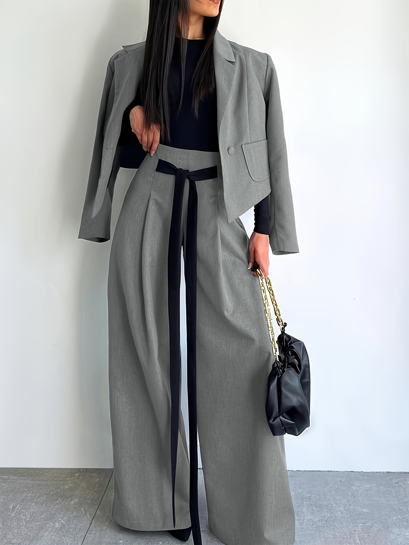 BK052044 Elegant Suit Jacket and Waist-Tie Loose Straight-Leg Wide-Leg Pants Women's Two-Piece Suit