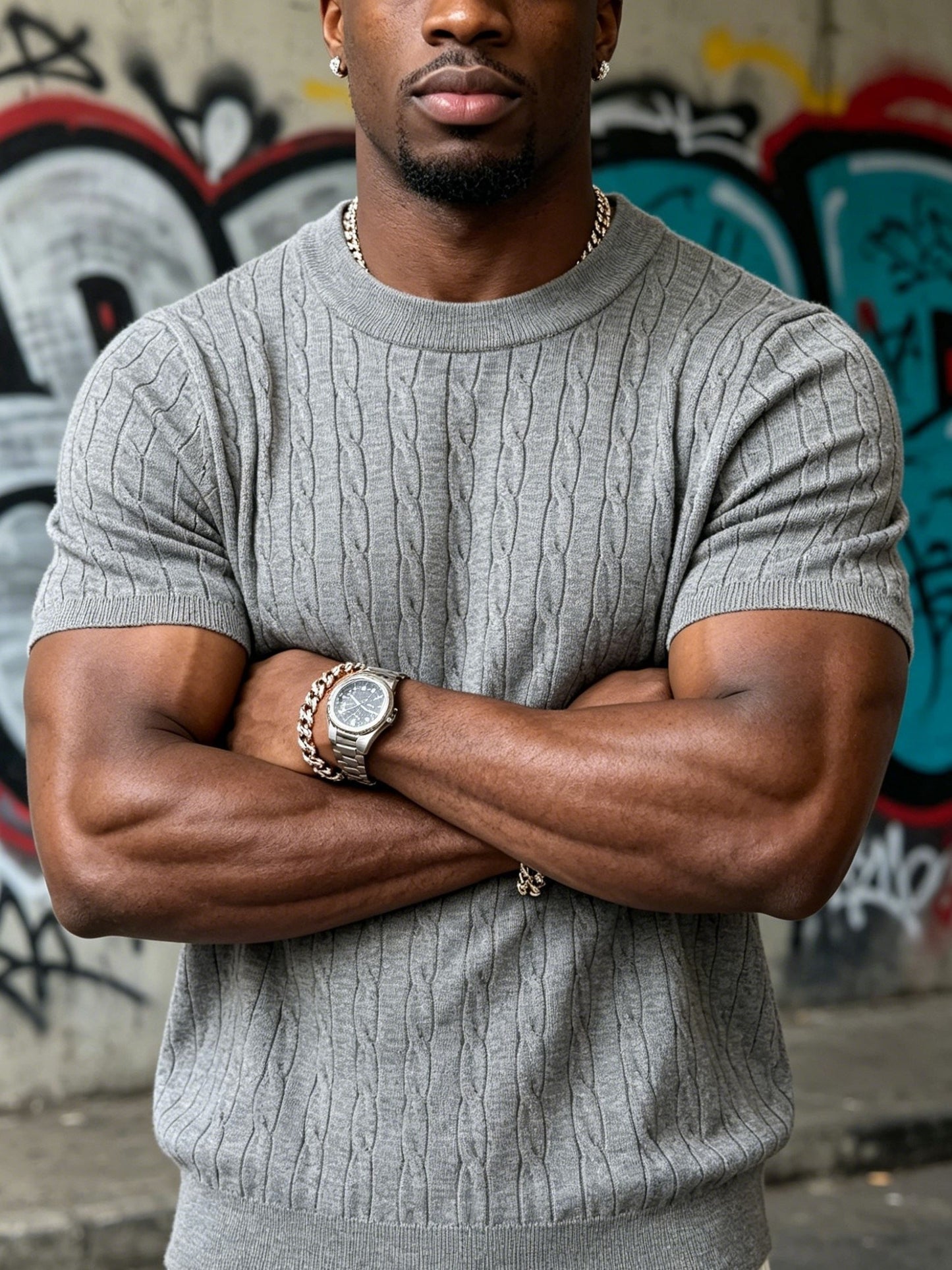 Men's Classic Cable Knit Crew Neck T-Shirt for Summer