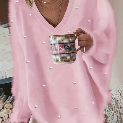Մեծ չափս - Կանացի հարմարավետ դեղին V-ձև օձիքով սվիտեր՝ մարգարիտ կոճակներով և բրդյա եզրերով թևքերով - Ասիմետրիկ եզր, երկրաչափական նախշ, առօրյա ձմեռային սվիտեր առօրյա հագուստի համար, Ձմեռային հագուստ | V-ձև օձիքով սվիտեր | Մարգարիտ կոճակների մանրամասներ, Sw