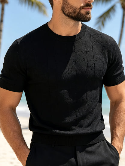 Men's Loose Fit Short Sleeve Hollow Knit Crew Neck Top