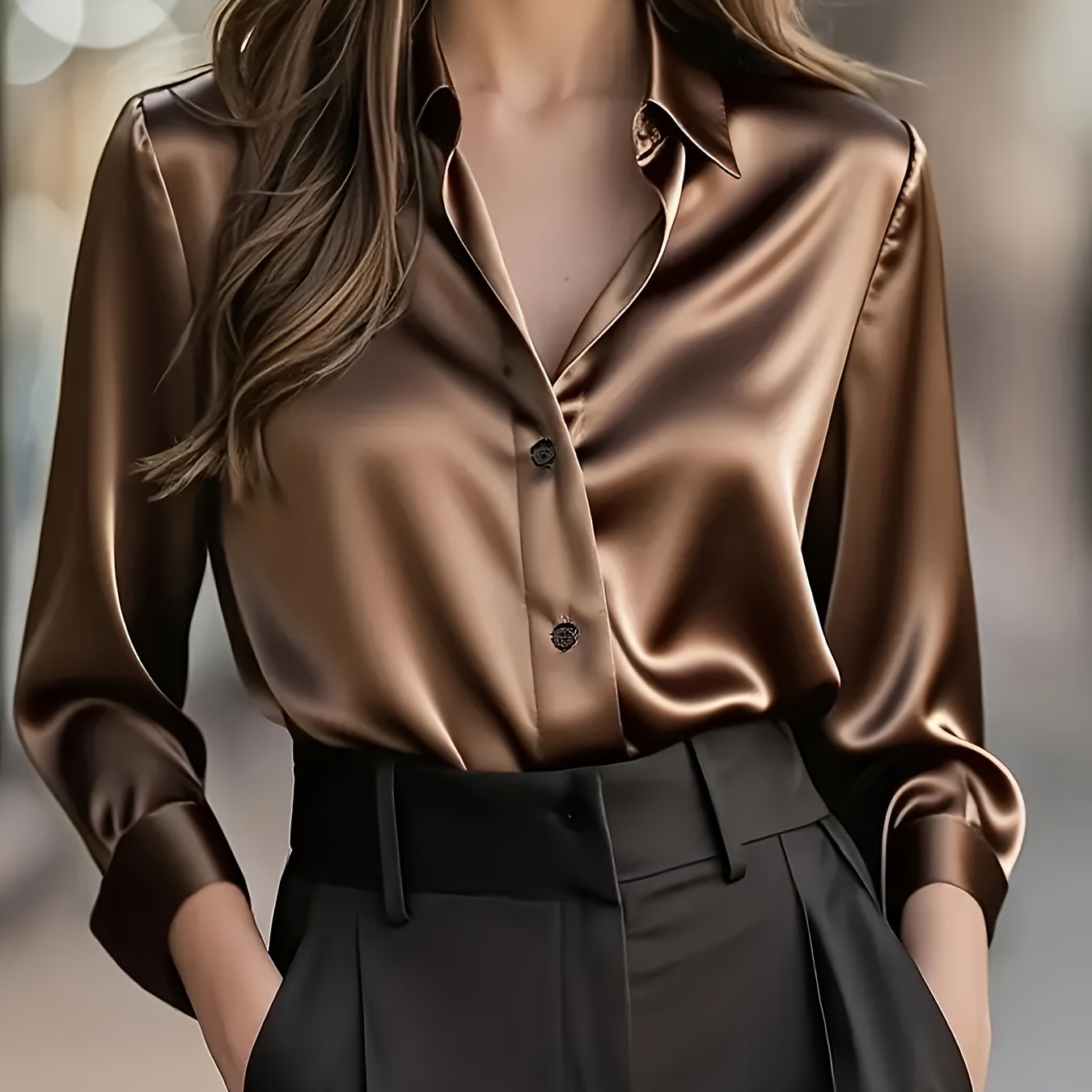 Women's Elegant All-Season Glossy  Shirt Jacket - Collar -Front Closure, Solid Brown (Copper/Black) - Tailored Blazer for, Office & Formal Events - Machine Washable Non-Stretch Professional Outerwear