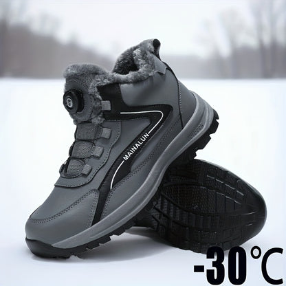 MAINALUN Men's Heavy-Duty Winter Snow Boots with Rotating Buckle Closure, PU Upper & PVC Sole - Thick Plush Lining, Warm Short Ankle Boots for Ice, Snow, Slush, Work, Outdoor (Adjustable Strap, Fit)