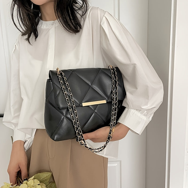 Women's Quilted Crossbody Bag - Adjustable Chain Strap, Zipper Closure, Spacious Casual Fashion Shoulder Bag, Durable Material, Urban Style, Ladies Handbag. Perfect for Daily Outings, Travel, Commuting, Dates, Shopping, and P