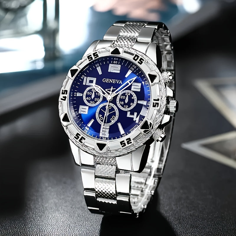 A Set of 4 Elegant Men'S Business Stainless Steel Quartz Watches, Featuring Stainless Steel Straps, Analog Display, And Accompanied by a Bracelet, Ring, And Necklace, Making It The Perfect Gift for Valentine'S Day, Easter, An