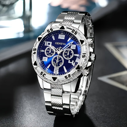 A Set of 4 Elegant Men'S Business Stainless Steel Quartz Watches, Featuring Stainless Steel Straps, Analog Display, And Accompanied by a Bracelet, Ring, And Necklace, Making It The Perfect Gift for Valentine'S Day, Easter, An