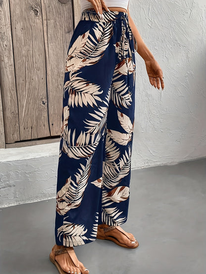 Wide-Leg Floral Casual Pants with Drawstring Waist