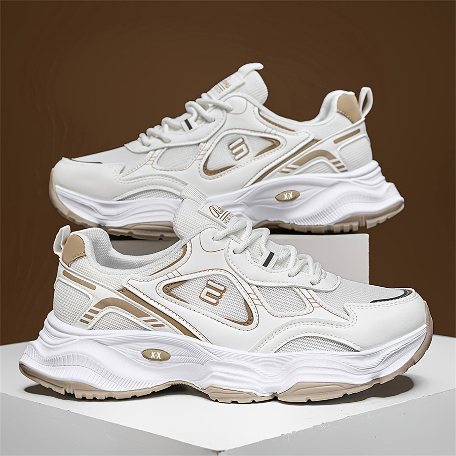 Men'S 2025 New Fashionable Low-Top Sneakers with Thick Sole - Non-Slip, Outdoor Casual Shoes for Teenagers and Young Adults, White and Golden Accents, All-Season Comfort, Casual Footwear   Modern Sneaker Design   Rubber Base