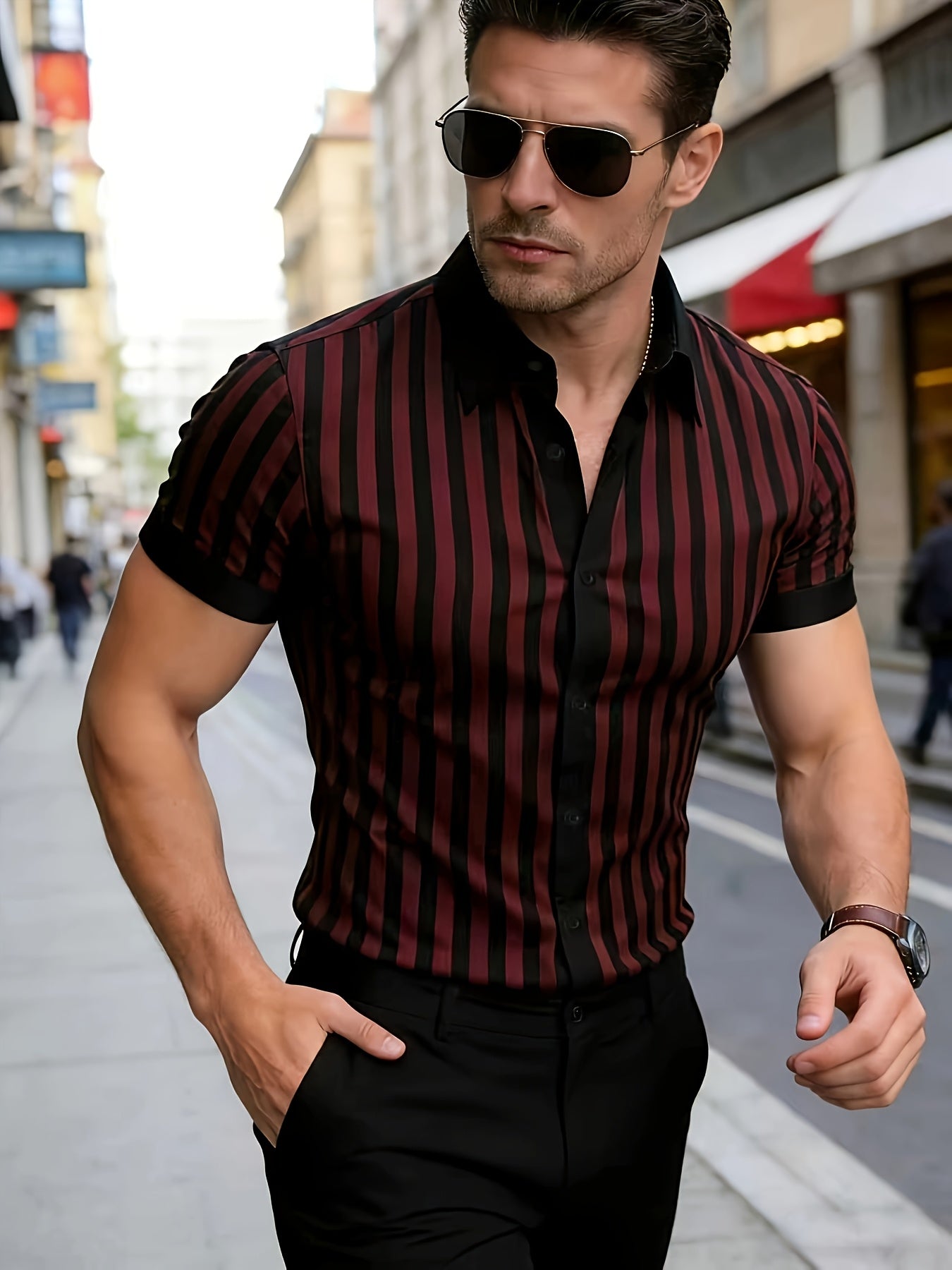 Men's Casual Striped Short-Sleeve Polyester Shirt