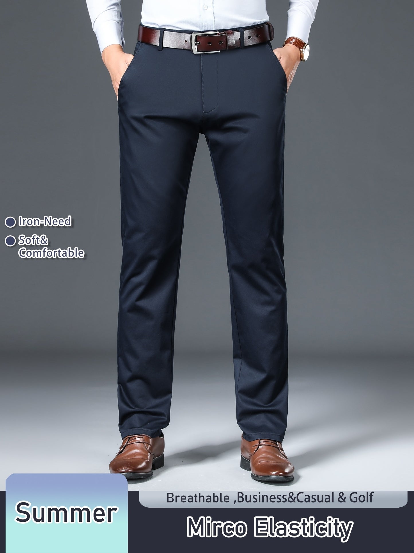 Men's Solid Color Straight Leg Business Style Cotton Blend Pants, Casual Comfy Breathable Outdoor Trousers As Gift