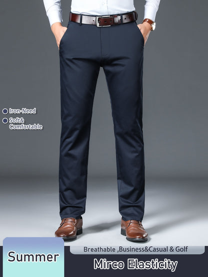 Men's Solid Color Straight Leg Business Style Cotton Blend Pants, Casual Comfy Breathable Outdoor Trousers As Gift