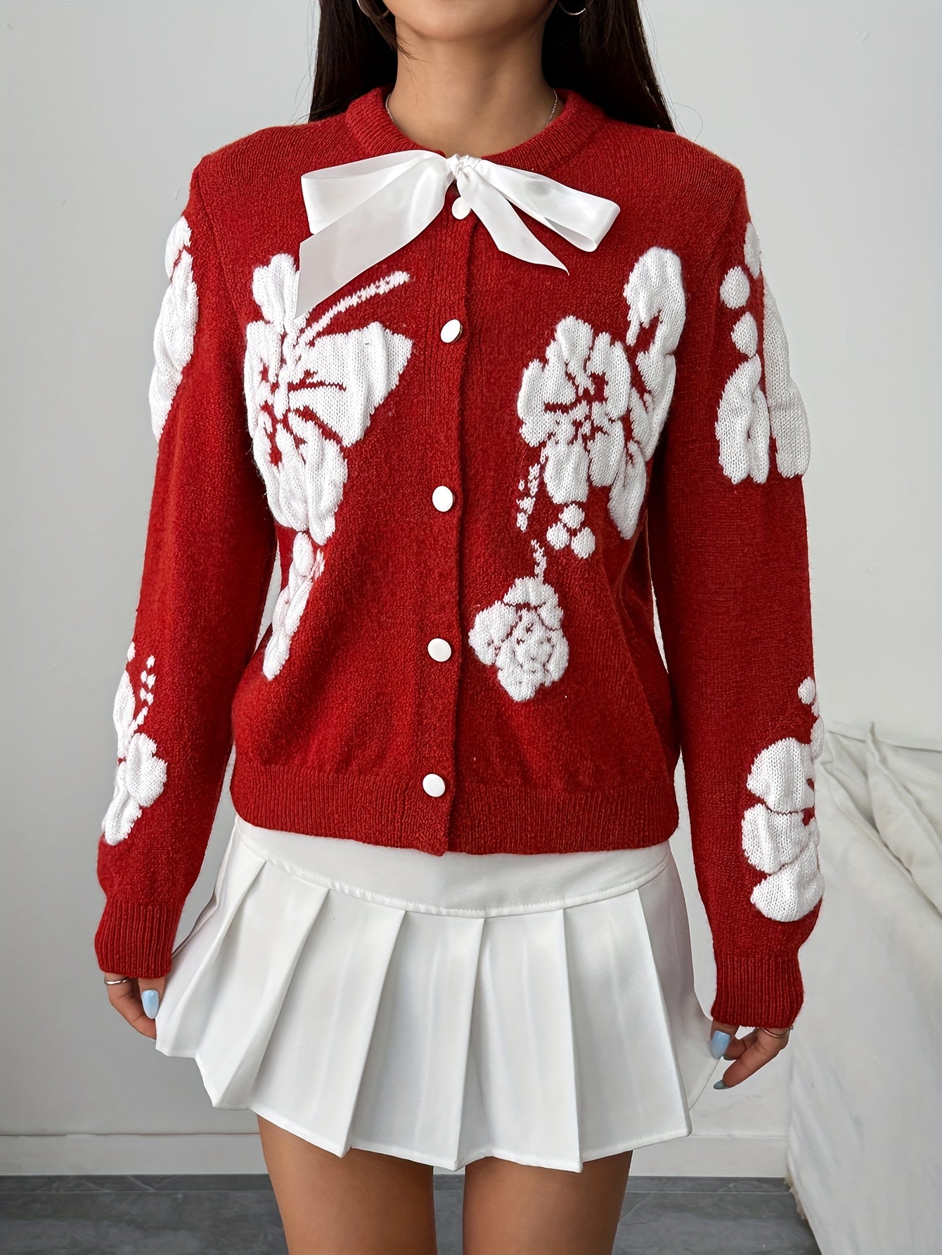 Women'S Red Sweater - Long Sleeve Button-Front Cardigan with Elegant Loose Fit, Round Neck Winter Sweater for Everyday & Formal Outfits, Non-Transparent Fall/Winter Sweater for Casual Formal Events, Winter Sweater, Seasonal F